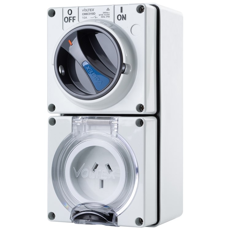 C66C310D Switched Socket Outlet - IP66 250V 10A - 3 Flat pins Double Pole