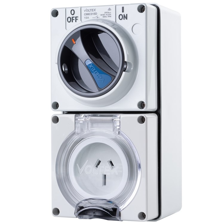 C66C315D Switched Socket Outlet - IP66 250V 15A - 3 Flat pins Double Pole