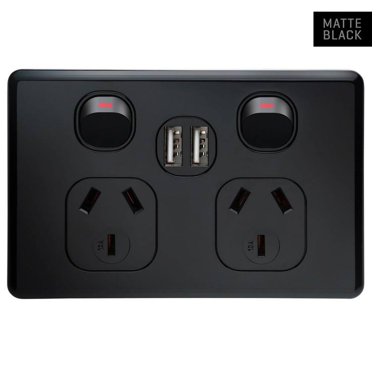 SLPP2HUSBB Voltex Shadowline Black Double Power Outlet 250V~ 10A & 2 x 2.1 A USB Outlets